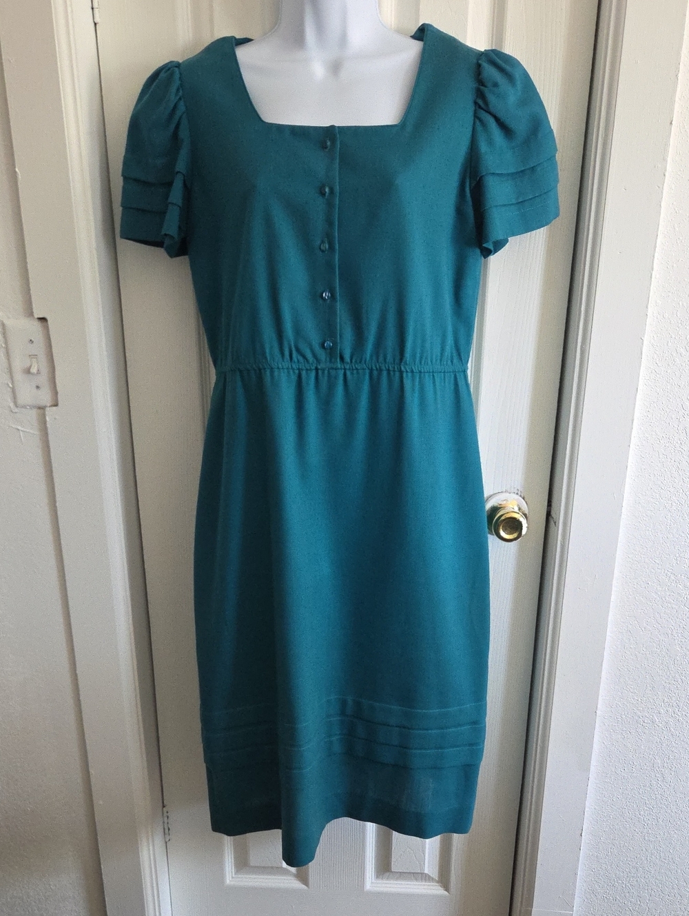 Leslie Fay Teal Square-Neck Puff Sleeve Dress